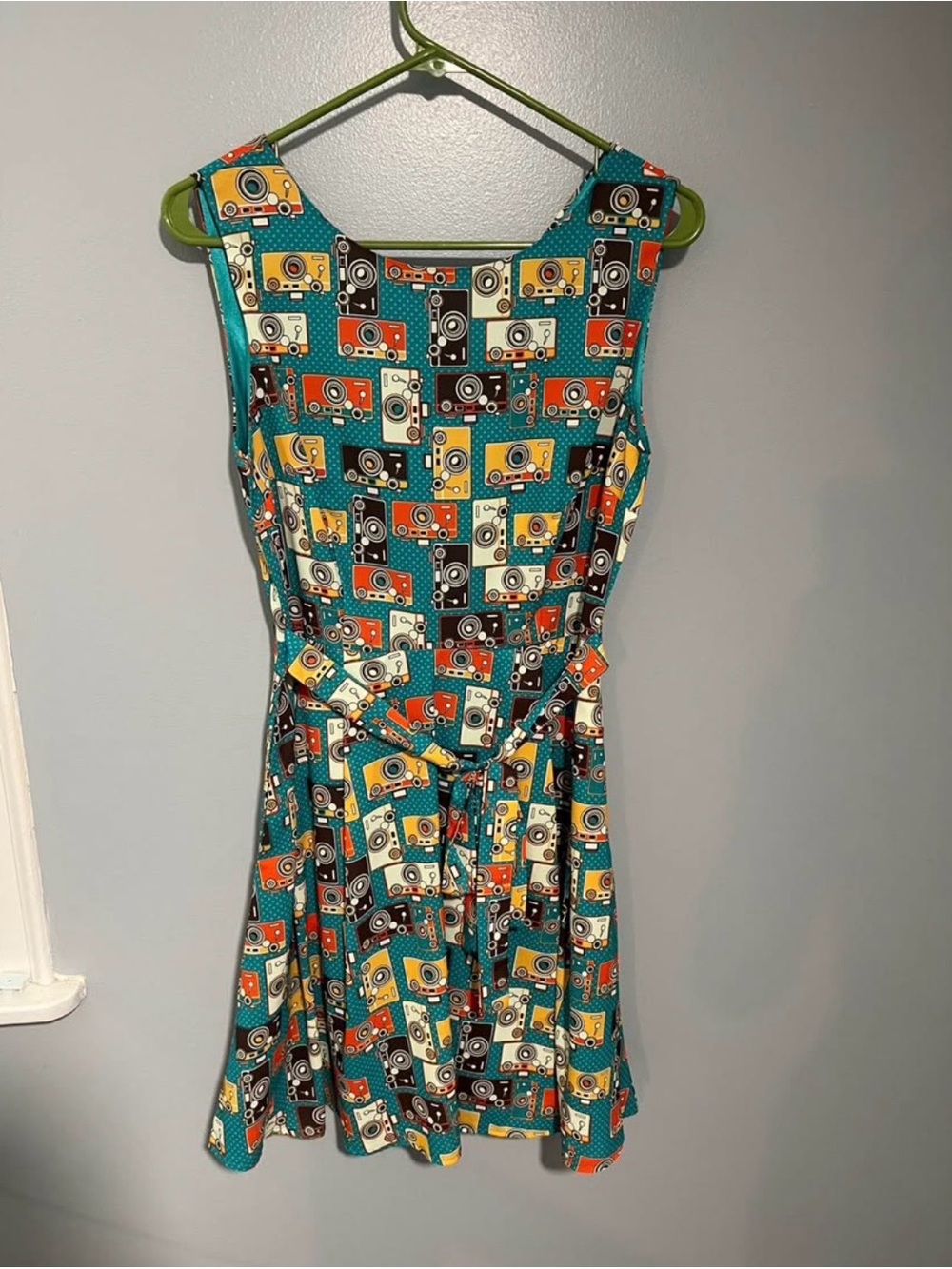 Retro Camera Print Teal Midi Dress with Tie Waist